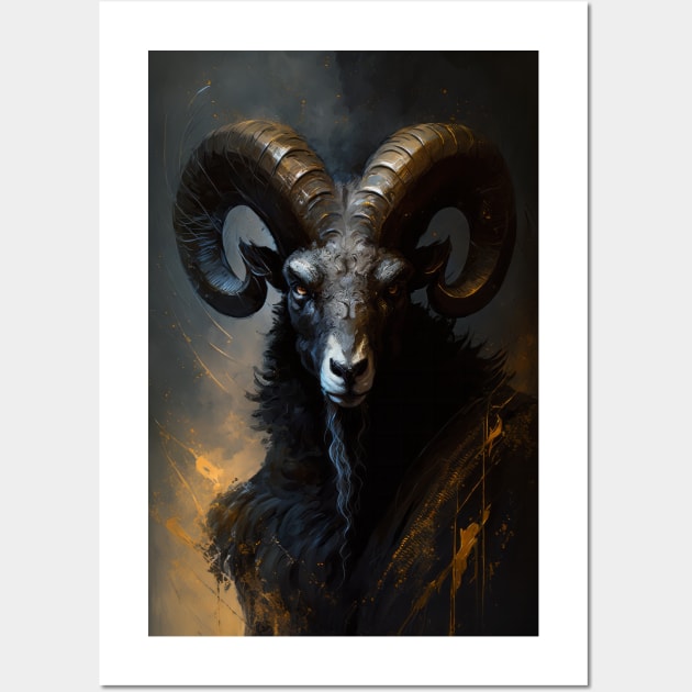 Ram Portrait Animal Nature Wildlife Dark Painting Wild Spirit Wall Art by Cubebox